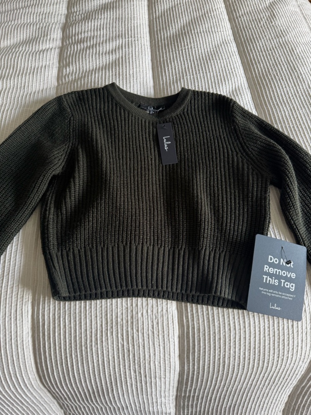 NWT Olive Green Ribbed Crewneck Sweater with Open back